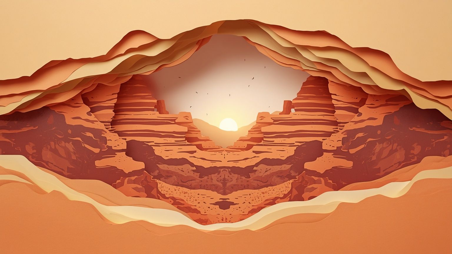 Layered paper-cut red rock canyon at sunset