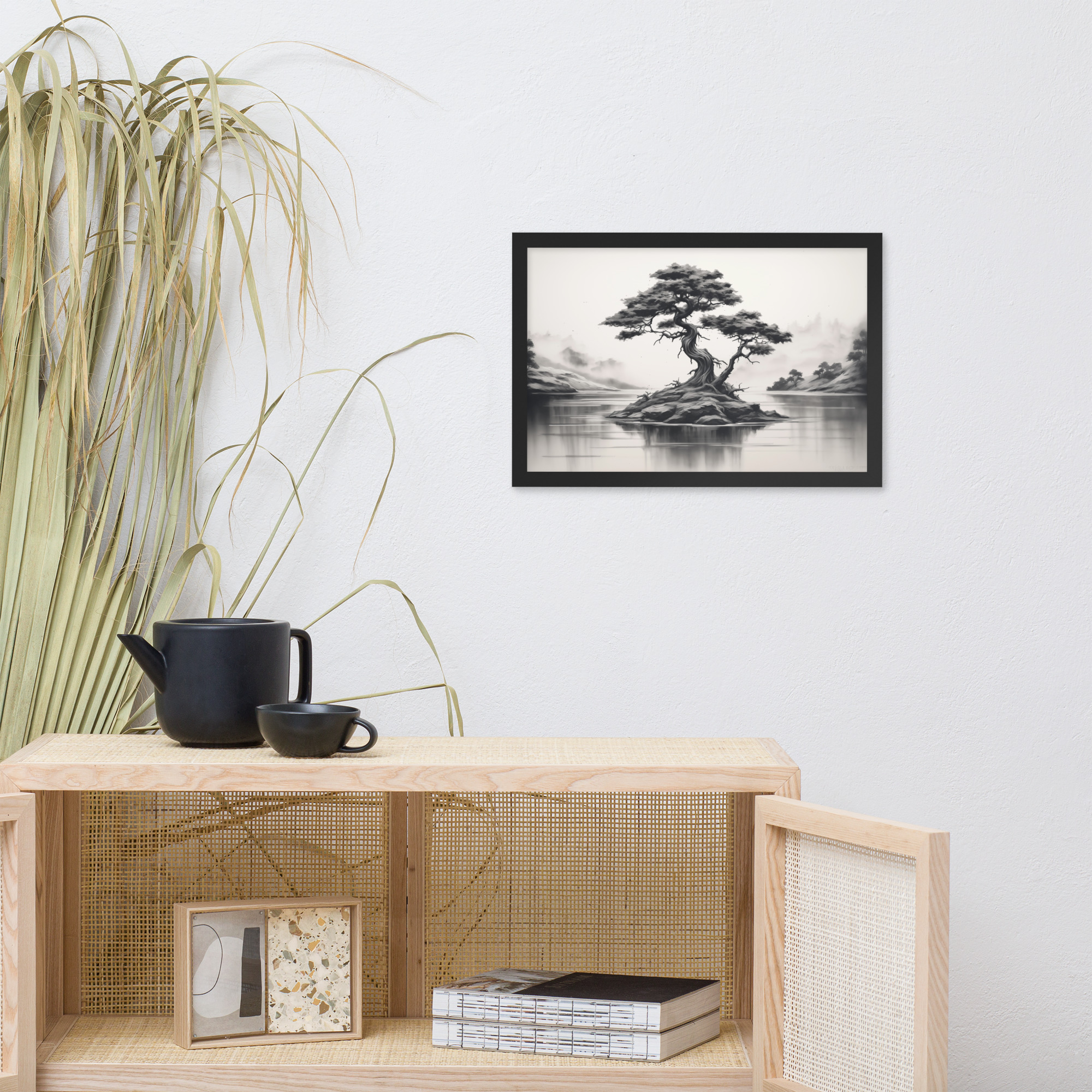 Black & White Charcoal Sketch of a Bonsai Tree Framed poster