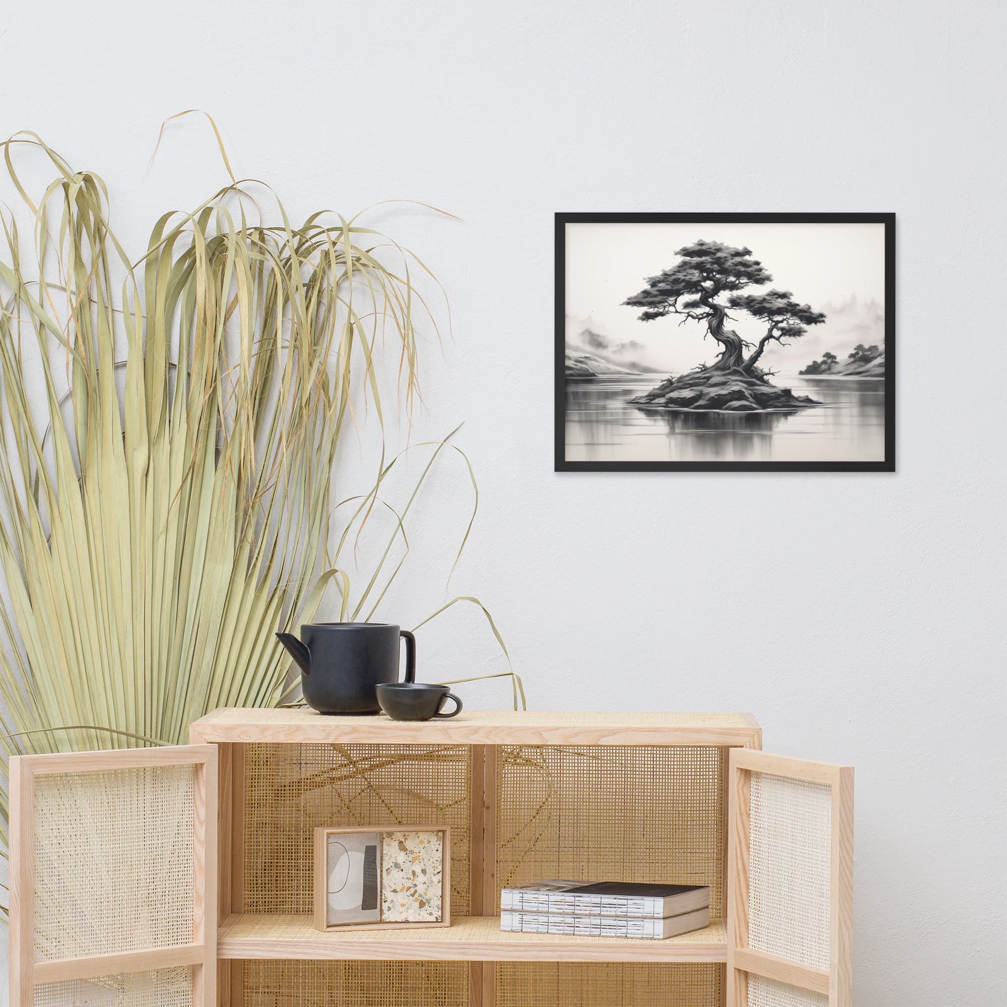 Black & White Charcoal Sketch of a Bonsai Tree Framed poster - Image 2
